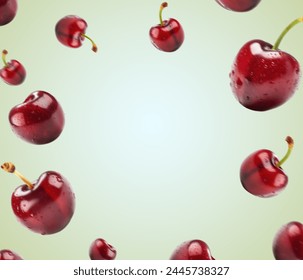 Flying fresh red cherries isolated on white background. falling fresh cherries with stems and leaves, cherries boarder. Cherry juice product ad. – Ảnh có sẵn