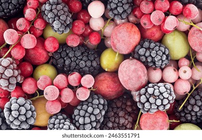 Frozen mixed berries as background, top view. Red currant, white currant, blackberry,  gooseberry and black currant.: stockfoto