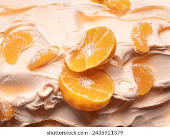 Frozen Tangerine flavour gelato - full frame detail. Close up of a orange color surface texture of Ice cream covered with pieces of mandarine fruit. 库存照片