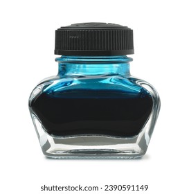 Front view of glass inkwell with blue ink isolated on white Stock-foto
