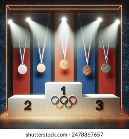 Front view, well-lit, studio shot of an Olympic podium with three risers. Left riser is for the silver medal second place, center riser is for the gold medal winner first place, and right riser is for the bronze medal third place. Celebratory red, white,