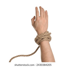 Concepto de libertad. Hombre con la cuerda atada en su mano contra el fondo blanco, primer plano Foto de stock