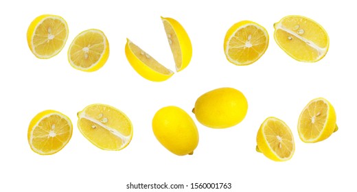 Fresh yellow lemon photographic pattern. Lemon wallpaper. Isolated on white background Foto de stock