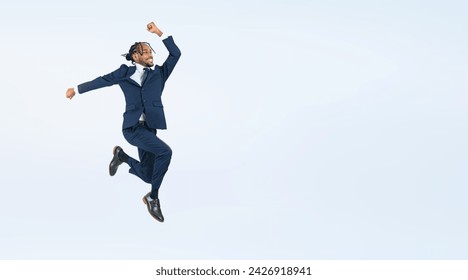 Full body photo of a jumping black businessman Foto stock