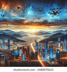 futuristic city, dramatic backdrop, vast mountains, buzzing drones, color palette of blue, gold, navy, rust, high-tech buildings, sleek architecture, neon lights, advanced technology, bustling atmosphere