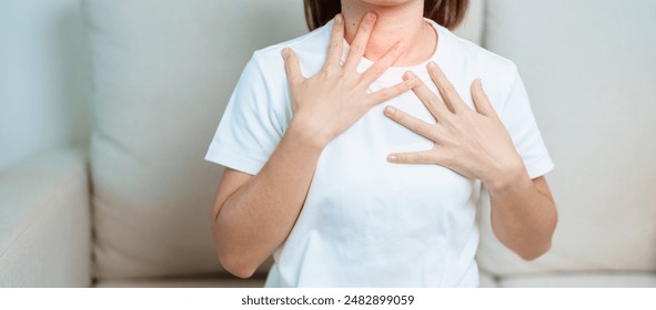 Gastroesophageal Reflux Disease or GERD, Acid reflux disease, Gastro Oesophageal or GORD and Dyspepsia concept. woman having Stomach ache and Esophageal pain due to Digestion system problem Arkistovalokuva