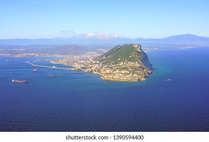 GIBRALTAR, UNITED KINGDOM -27 APR 2019- Aerial view of the Rock of Gibraltar, a British Overseas Territory on the South coast of Spain where the Mediterranean Sea meets the Atlantic Ocean.のエディトリアル写真素材