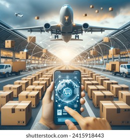 global airplane shipping. cargo logistic in airport. box distribution. air online delivery service. smartphon. phone screen and flying plane. realistic image