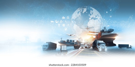 Global business of Container Cargo freight train for Business logistics concept, Air cargo trucking, Rail transportation and maritime shipping, Online goods orders worldwide Stockfoto
