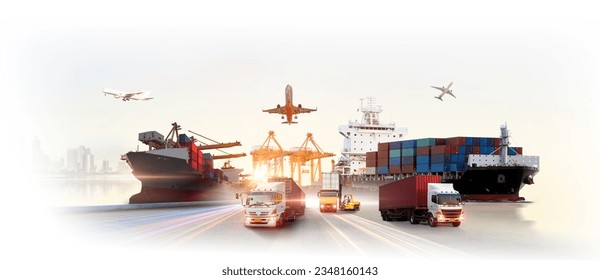 Global business logistics import export of containers cargo freight ship loading at port by crane, container transport, cargo plane, truck to port background Stockfoto