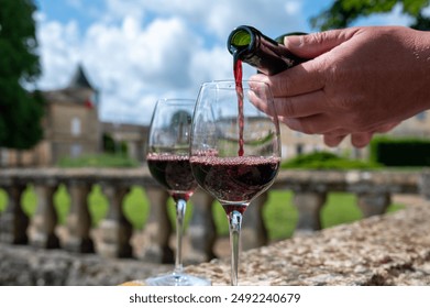 Portets村のGravesブドウ畑と背景に古いワイン作りの城に古いワインのドメインでフランスのドライ赤ワインのグラス， ボルドー， フランスの写真素材