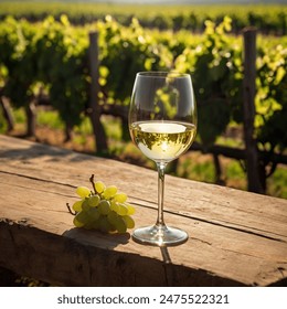 glass of white wine on table with green vineyard background – Ảnh có sẵn