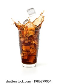 Glass of cool cola splash with ice falling isolated on white background. Stockfoto