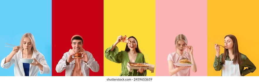 Group of young people with tasty food on color background