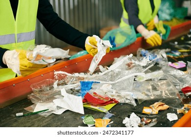 黄色いベストと手袋を着た環境に配慮した若いボランティアのグループが、ゴミを分別するために協力しています。の写真素材
