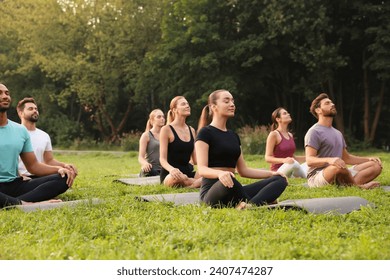 Group of people practicing yoga on mats outdoors. Lotus pose – Ảnh có sẵn