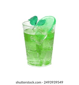 Green fancy fantasy drink. Punch, juice. Both alcoholic and non-alcoholic brew drank at parties, especially at night. Color soda with citrus, green mint leaves and ice, isolated on white background: zdjęcie stockowe