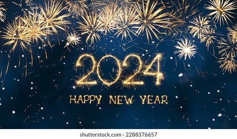 Greeting card Happy New Year 2024. Beautiful holiday web banner or billboard with Golden sparkling text Happy New Year 2024 written sparklers on festive blue background with fireworks Stock-foto