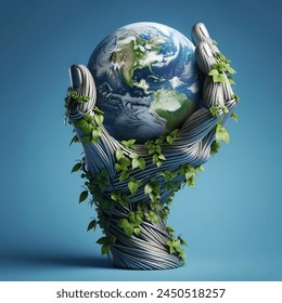 hand made with tmt bars + leaves holding earth blue background clean isolated