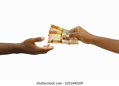 Hand giving 3D rendered Gambian Dalasi notes to another hand. Hand receiving money – Ảnh có sẵn