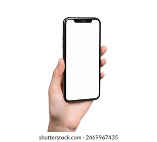 Hand holding smartphone mockup of blank screen for graphic display montage. Arkistovalokuva
