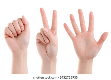 Hand rock paper scissor gesture symbol, Japanese Janken traditional game                                Stock-foto