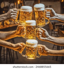 hands holding beer mugs, 4 beer mugs arranged separately, pub atmosphere, bright lighting, realistic style, detailed hands, friendly faces, cheerful mood, wooden tables and chairs, clinking glasses, warm tones