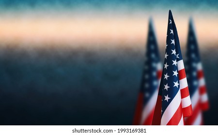 Happy Veterans Day background, American flags against a blue fog background, November 11, American flag Memorial Day, 4th of July, Labour Day, Independence Day. Stock Photo