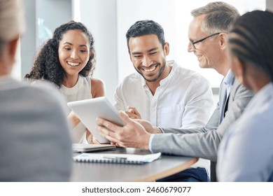 Happy, business people and meeting with tablet in office for communication of company strategy and goals. Smile, corporate group and discussion with technology in boardroom for training interns Stockfoto