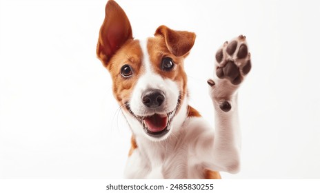 happy dog giving a high five isolated on white, with copy space area	: stockfoto