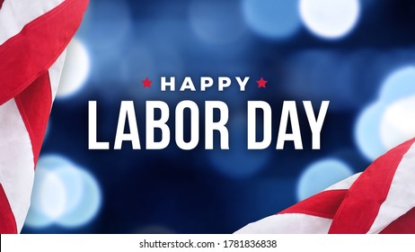Happy Labor Day Text Over Defocused Blue Bokeh Lights Background with Patriotic American Flags Border Stock Photo