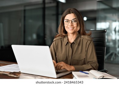 Happy smiling mature middle aged professional business woman investor manager executive or lawyer attorney adviser looking at camera at workplace working on laptop computer in office, portrait. Arkistovalokuva