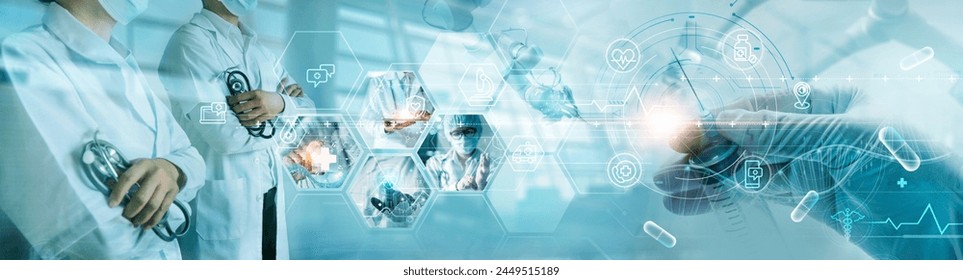 Healthcare and medical doctor working in hospital with professional team in physician,nursing assistant, laboratory research and development. Medical technology service to solve people health problem. Stockfoto