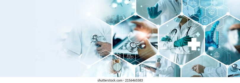 Стоковая фотография: Healthcare and medical doctor working with professional team in physician, nursing assistant, laboratory research and development. Medical technology service to solve people health, Medical business. 