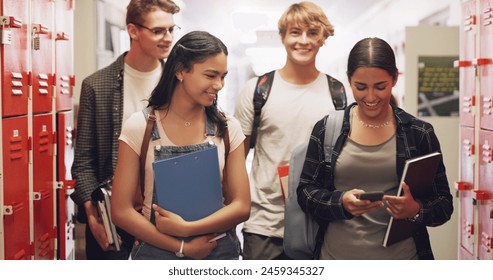 High school, students and friends group in hallway at education campus for learning, academic or cellphone. Boys, girls and books at lockers for teaching knowledge or scholarship, college or corridor Adlı Stok Fotoğraf