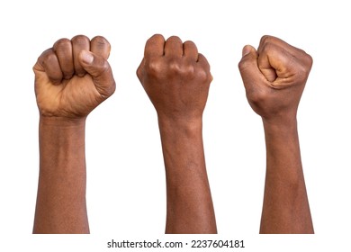 Holding fists up in the air isolated on white or background – Ảnh có sẵn