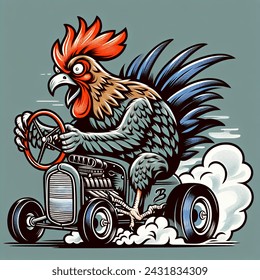 Hot rod, rat rod style monster chicken driving a car with smoking wheels, exaggerated, cartoon style, 3 colors