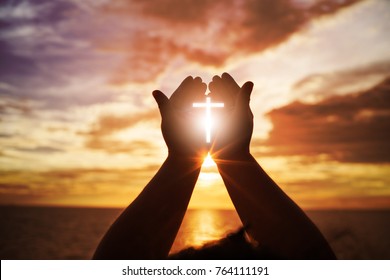 Human hands open palm up worship. Eucharist Therapy Bless God Helping Repent Catholic Easter Lent Mind Pray. Christian Religion concept background. fighting and victory for god Stock Photo