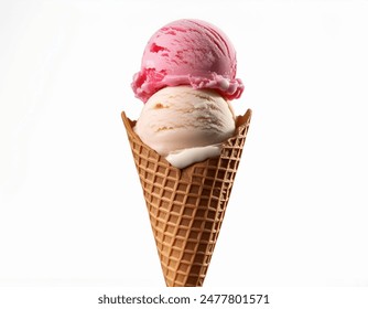 Ice cream cone isolated on white background, summer concept, strawberry and vanilla icecream scoop 库存照片