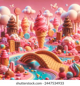 ice cream: bright creamy cones, chocolate rivers, biscuit towers, cookie bridge, cotton candy clouds, marshmallows, lollipops, pink gamma