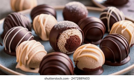 Ice Cream Truffles: Small, rich ice cream balls coated in chocolate. focus on dish and blur background front view 库存照片