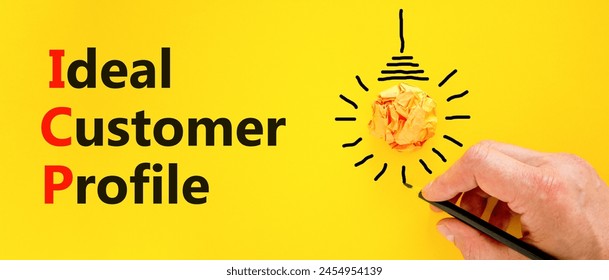 ICP ideal customer profile symbol. Concept words ICP ideal customer profile on beautiful yellow paper. Light bulb. Beautiful yellow background. Business ICP ideal customer profile concept. Copy space. 库存照片