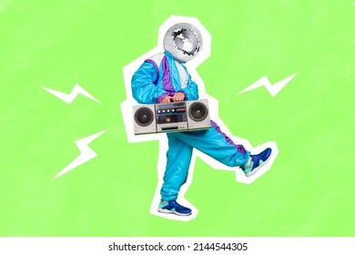 Illustration of male dude walking dancer hold boom box player retro chill have disco ball on head silhouette painted white color green background Stock Photo