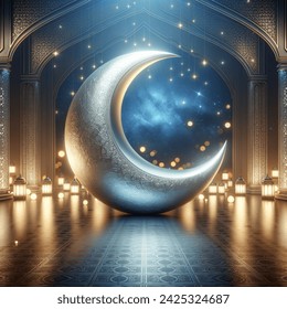 AN IMAGE FOR MASSIVE crescent with light on floor with ramadan theme background