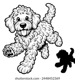 An image of a mischievous labradoodle, jumping and playing and having fun.  A black and white image with simple lines and white spaces suitable for a coloring book page