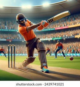 imagine a cricket batsaman wearing orange polo shirt and brown pants and orange helmet playing a cover drive shot