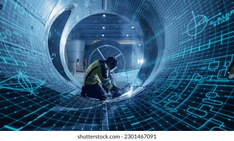 Industrial 4.0 Digital Visualization: Heavy Industry Welder Working, Welding Inside Pipe. Construction of NLG Natural Gas and Fuels Transport Pipeline. Clean Green Power and Energy Concept. Stockfoto