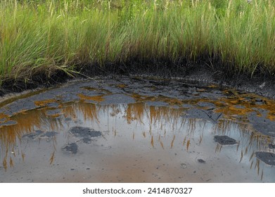 土壌の表面の産業油汚染は環境災害です。の写真素材