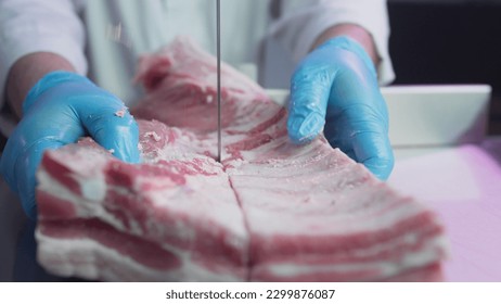 肉の工業加工。男のコックはバンドのこぎりで機械の肉屋の店でテンダーロインを切る。リビーまたはマーブルビーフ。レストラン、食肉処理場のためのリブ。スローモーション、マクロの写真素材