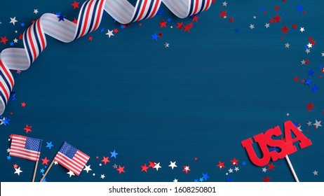 Independence day USA banner mockup with American flags, grosgrain ribbon, sign USA and confetti stars. 4th of July celebration poster template. Happy Presidents Day or US Independence Day concept. Stock fotografie